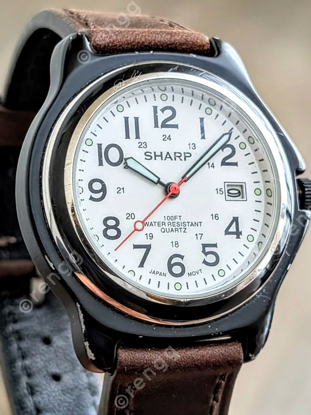 Vintage SHARP Men's White Dial Brown Leather Strap Field Watch